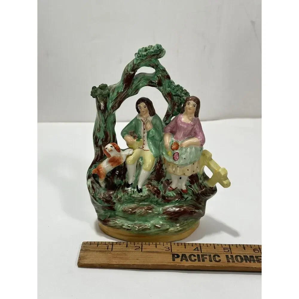 Antique Staffordshire Ceramic Figure Couple With Spaniel‎ Dog RARE REPAIRED